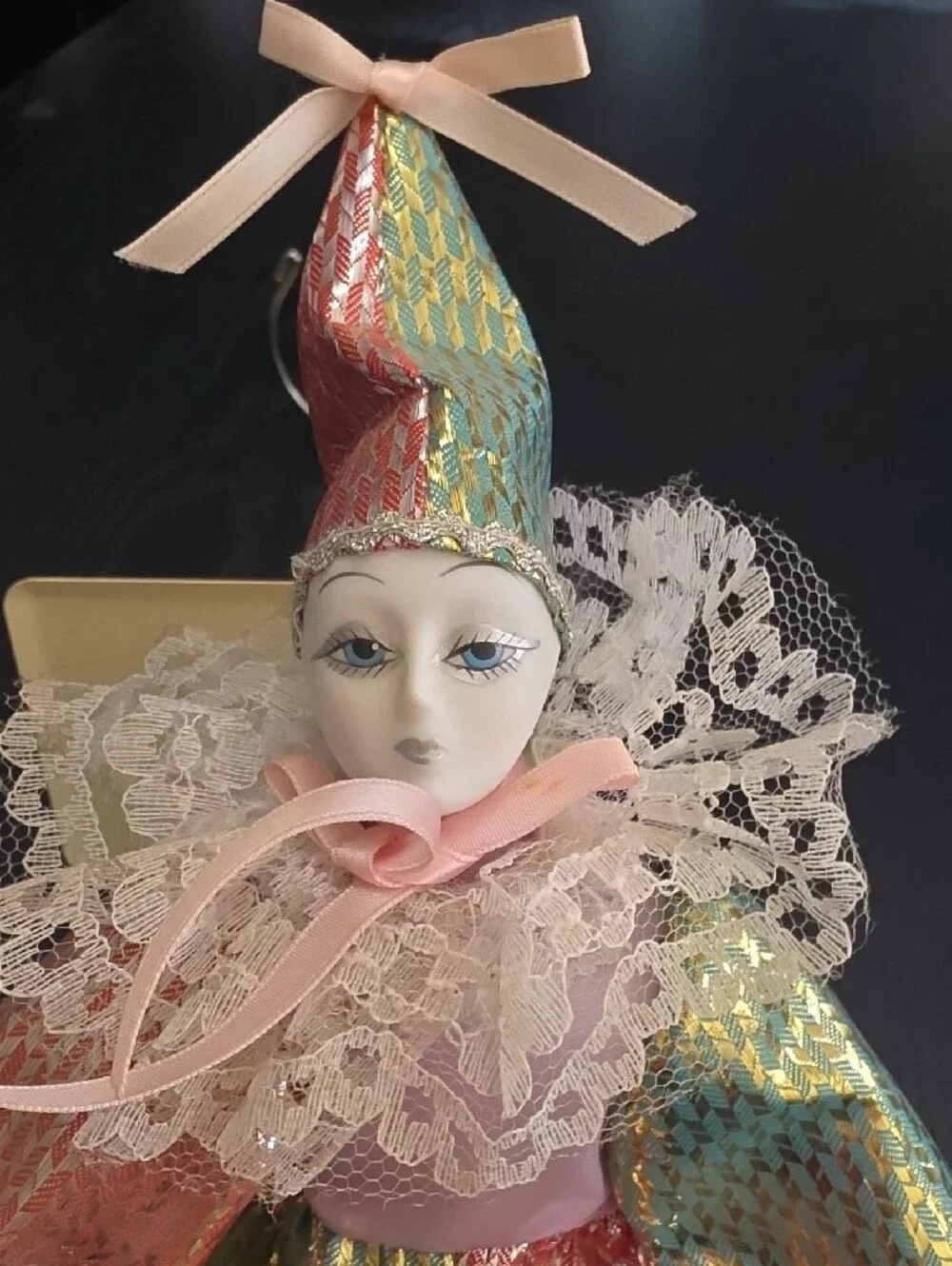 Porcelain Clown Doll in Pink, Green and Gold Harlequin Costume